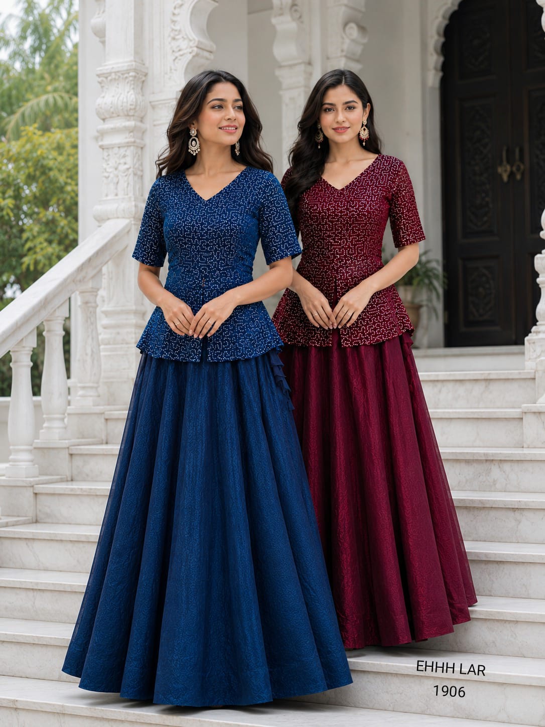 Georgette Sequins Embroidered Peplum Top with Shimmer Organza Lehenga.